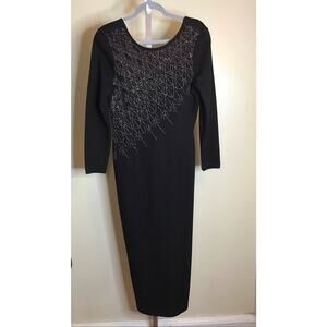 Kasper ASL x Nina Charles Knit long/SL Maxi Dress Sz. Sm Black Bejeweled Bodice